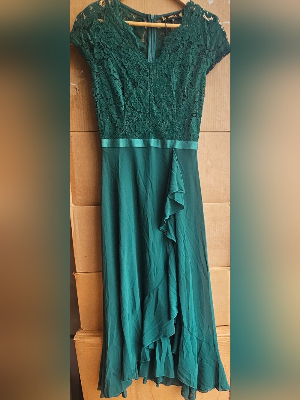 MIUSOL Dark Emerald Green Floral Lace Chiffon Ruffle Maxi Dress Size S Length 47